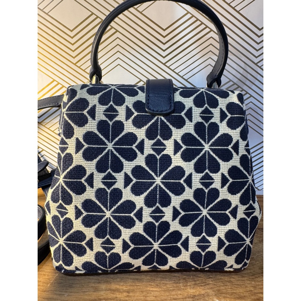Kate Spade Remedy Spade Flower Jacquard Small Top Handle Bag Navy Blue Cream - Picture 9 of 14